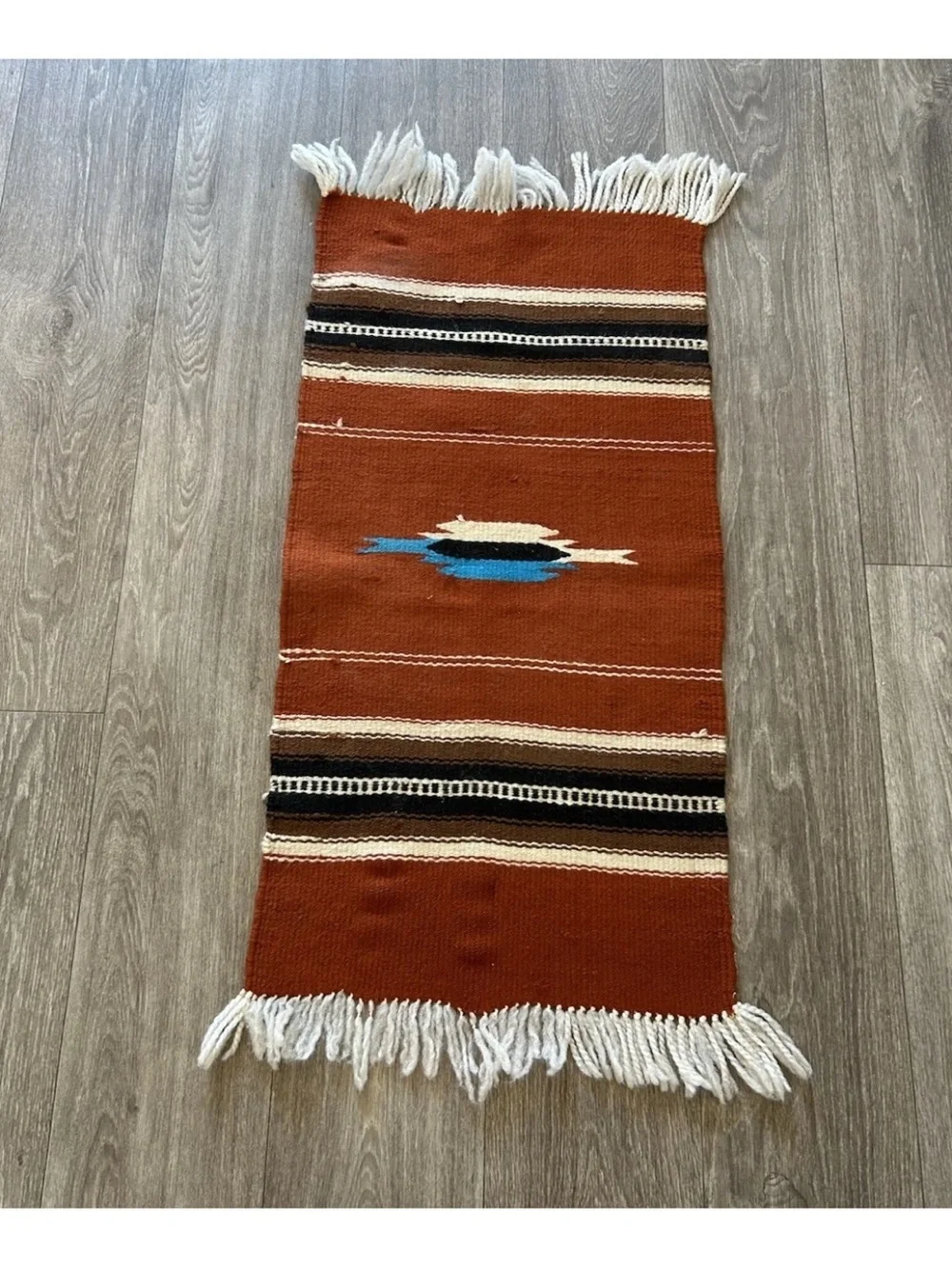 Vintage Handwoven Southwestern Wool Rug Mexican Style Rust Fringe 34.5x15.5